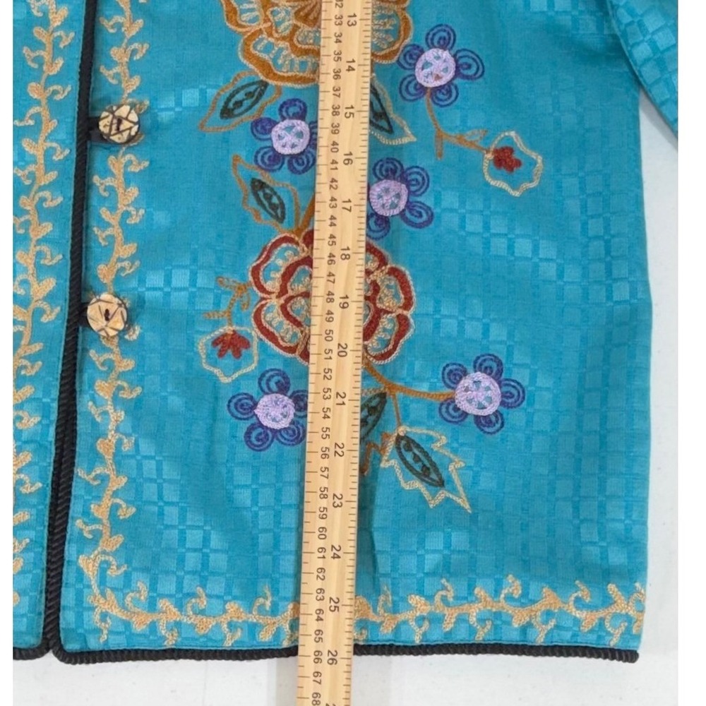Entice Embroidered Jacket 1X Turquoise Blue Floral Art to Wear Cotton Rayon - Picture 6 of 10